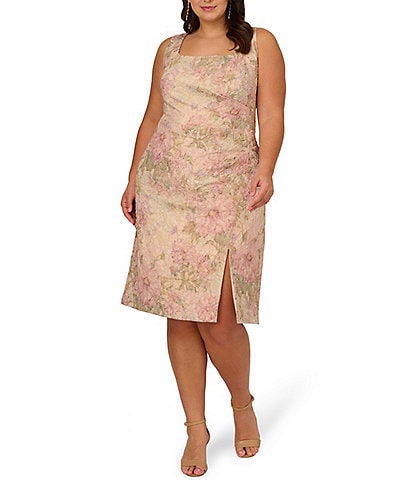 Adrianna Papell Plus Size Sleeveless Square Neck Ruched Floral Sheath Dress