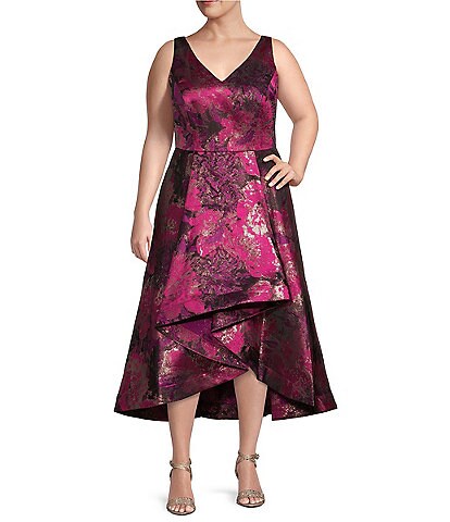 Adrianna Papell Plus Size Sleeveless V-Neck High-Low Jacquard Tea Length Dress