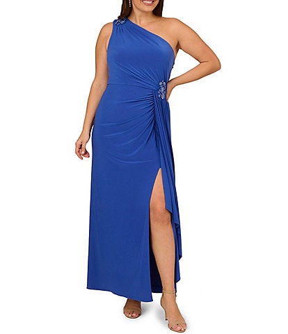 Adrianna Papell Plus Size Stretch Jersey One Shoulder Sleeveless Embellished Waist Gown