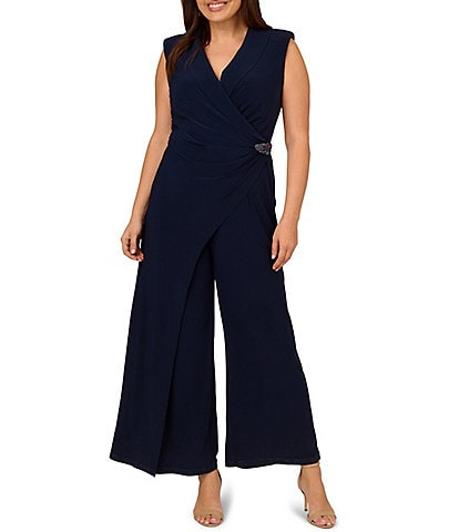 Adrianna Papell Plus Size Stretch Jersey Sleeveless V-Neck Embellished Waist Jumpsuit
