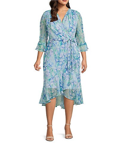 Adrianna Papell Plus Size V-Neck Flounce Long Sleeve Printed Chiffon A-Line Midi Dress