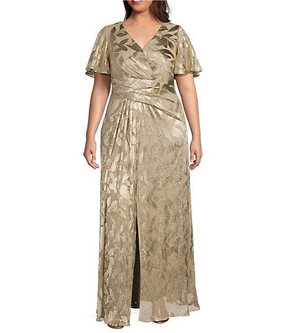 Adrianna Papell Plus Size V-Neck Flutter Sleeve Foil Leaf Printed Gown