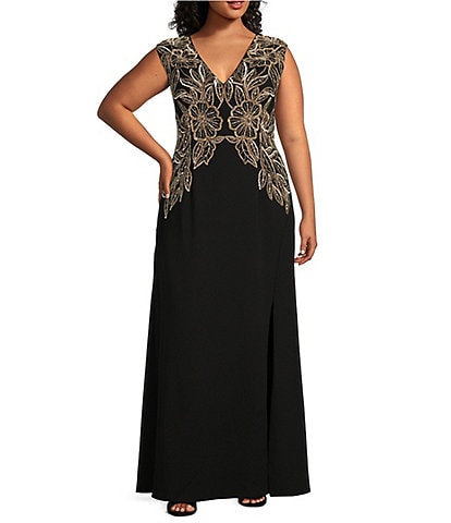 Adrianna Papell Plus Size V-Neck Sleeveless Beaded Crepe Gown