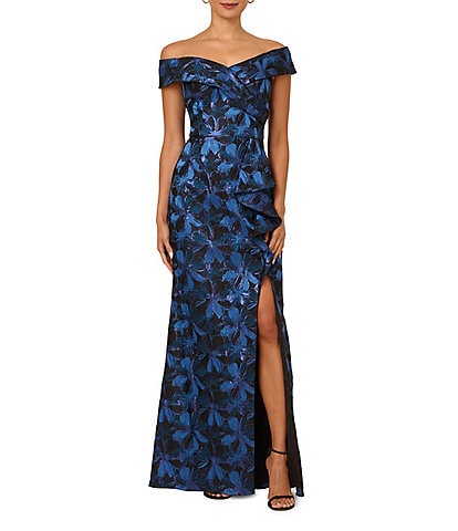 Adrianna Papell Printed Jacquard Off-The-Shoulder Cap Sleeve Sheath Dress