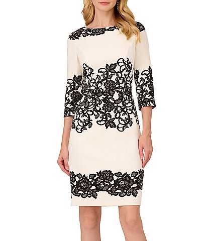 Adrianna Papell Printed Stretch Boat Neck 3/4 Sleeve Crepe Lace Sheath Dress