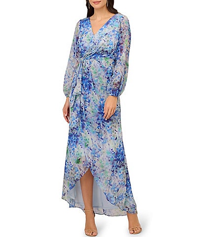 Adrianna Papell Printed Surplice V-Neck Long Sleeve Faux Wrap Dress