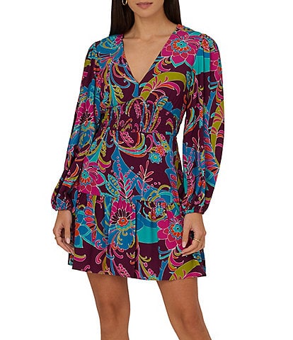 Adrianna by Adrianna Papell Rayon Floral Print V-Neck Long Sleeve Smocked Ruffle Hem Mini Dress