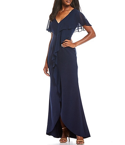 Adrianna Papell Ruffle Crepe V-Neck Short Flutter Sleeve Cascade Front High-Low Chiffon Gown