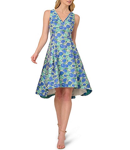 Adrianna Papell Ruffle V-Neck Abstract Floral Jacquard A-Line Hi Lo Dress