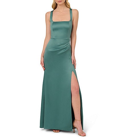 Adrianna Papell Satin Crepe Square Neck Sleeveless Sheath Gown