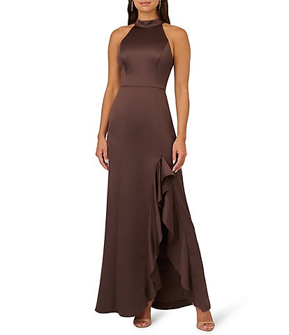 Adrianna Papell Satin Halter Neck Sleeveless Cascading Ruffle Side Slit Tie Back Gown