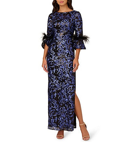 Adrianna Papell Sequin Boat Neck 3/4 Feather Bell Sleeve Embroidered Slim Column Gown