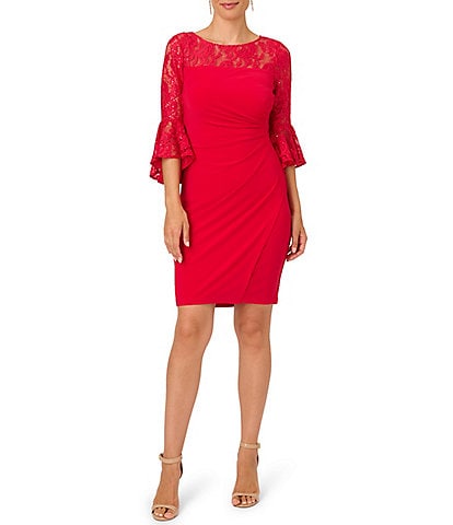 Adrianna Papell Sequin Lace 3/4 Bell Sleeve Round Illusion Neck Jersey Side Draped Sheath Dress
