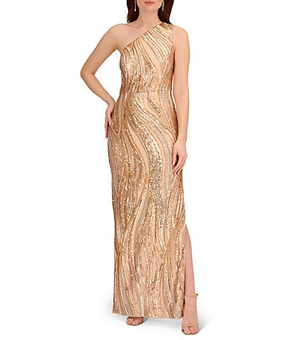Adrianna Papell Sequin One Shoulder Sleeveless Gown