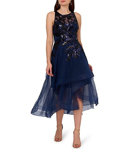 Adrianna Papell Sequin Tulle Illusion Boat Neck Sleeveless High Low Tea Dress