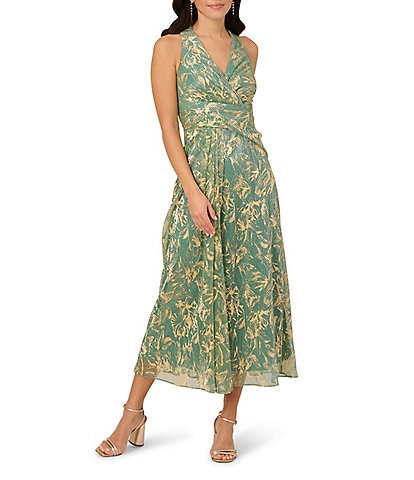 Adrianna Papell Sheath Pleated Bodice V-Neck Sleeveless Metallic Crinkle Chiffon Midi Dress