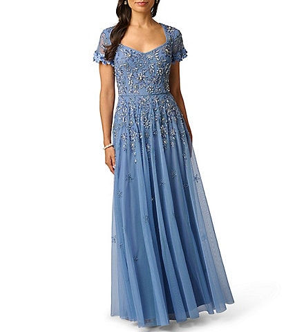 Adrianna Papell Short Sleeve Beaded Mesh Long Dress