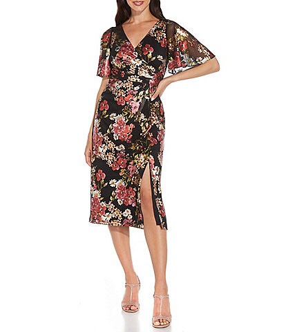 Adrianna Papell Short Sleeve Surplice V-Neck Floral Print Foiled Mesh Thigh High Slit Faux Wrap Midi Dress