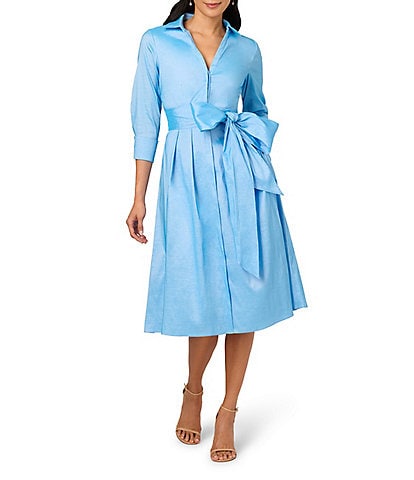 Adrianna Papell Silky Taffeta Collared V-Neck Oversize Bow Sash 3/4 Sleeve Button Front Shirt Midi Dress