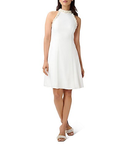 Adrianna Papell Sleeveless Beaded Mock Neck Fit and Flare Stretch Halter Dress