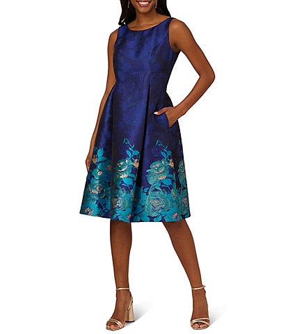 Adrianna Papell Sleeveless Metallic Floral Border Print A-Line Dress