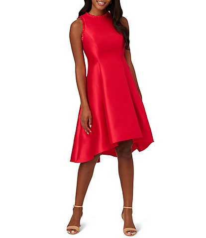 Adrianna Papell Sleeveless Mock Halter Neck Stretch Knit Crepe Fit and Flare High-Low Dress