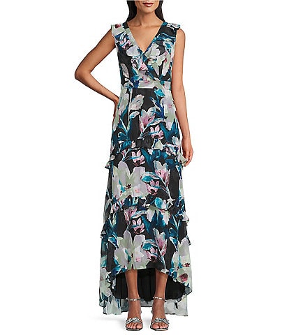 Adrianna Papell Sleeveless Ruffle V-Neck Floral Print Chiffon High-Low Hem Dress