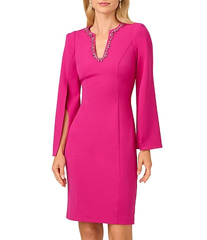 Adrianna Papell Solid Crepe Jewel Embellished Split V-Neck Long Sleeve Sheath Dress