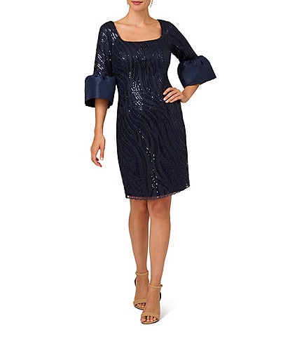 Adrianna Papell Square Neck 3/4 Bell Sleeve Sequin Embroidered Dress