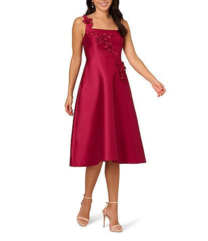 Adrianna Papell Square Neck Sleeveless 3D Flower Applique Mikado A-Line Midi Dress