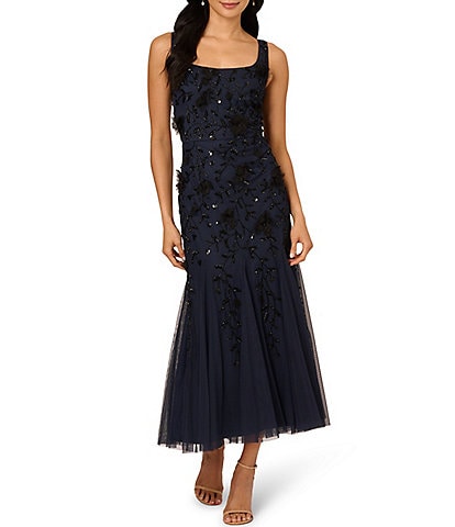 Adrianna Papell Square Neck Sleeveless Bead Mesh Godet Hem Sheath Tea Length Dress