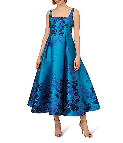 Adrianna Papell Square Neck Sleeveless Floral print Jacquard Fit & Flare Tea Length Dress