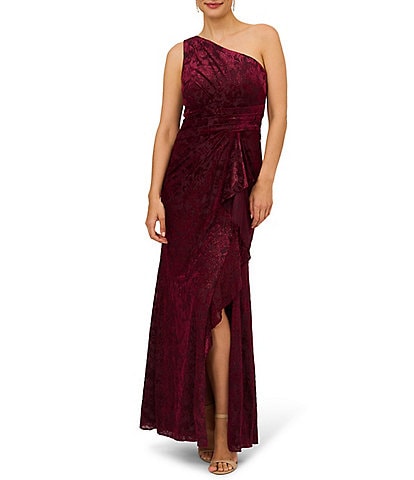 Adrianna Papell Stretch Burnout Velvet One Shoulder Sleeveless Gown