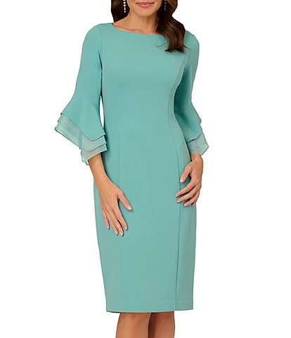 Adrianna Papell Stretch Crepe 3/4 Bell Sleeve Boat Neck Sheath Dress