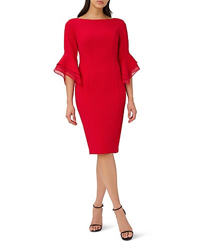 Adrianna Papell Stretch Crepe 3/4 Bell Sleeve Boat Neck Sheath Dress