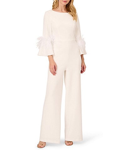 Adrianna Papell Stretch Crepe Boat Neck 3/4 Sleeve Feather Trim Jumpsuit