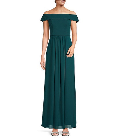 Adrianna Papell Stretch Crepe Bodice Off-the-Shoulder Chiffon A-Line Gown