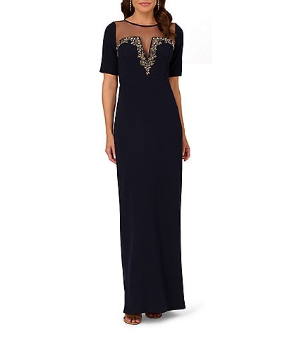 Adrianna Papell Stretch Crepe Beaded Illusion Crew Neck Short Sleeve Sheath Gown