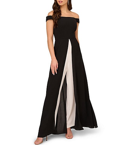 Adrianna Papell Stretch Crepe Off-The-Shoulder Overlay Wide Leg Jumpsuit