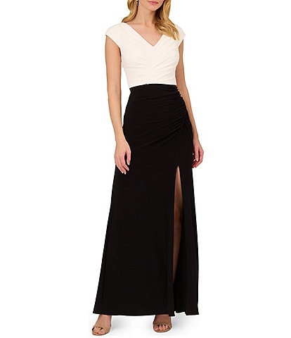Adrianna Papell Stretch Jersey Pleated V-Neck Cap Sleeve Gown