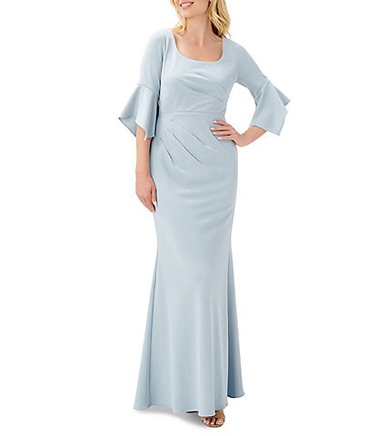 Adrianna Papell Stretch Knit Crepe Scoop Neck 3/4 Bell Sleeve Mermaid Gown