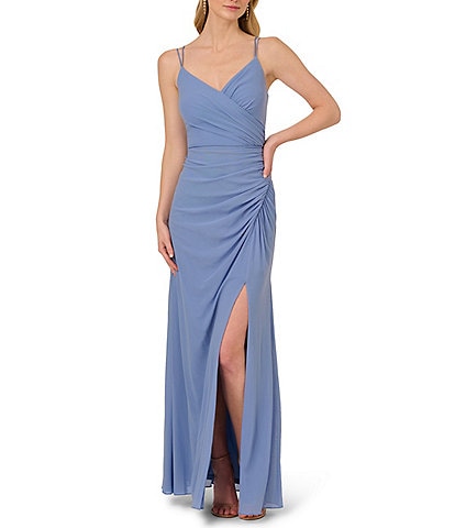 Adrianna Papell Stretch Mesh Surplice Spaghetti Strap Shirred Draped Gown