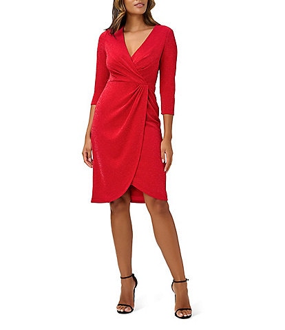 Adrianna Papell Stretch Metallic Surplice V-Neck 3/4 Sleeve Ruched Faux Wrap Dress