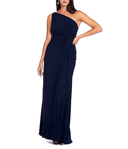 Adrianna Papell Stretch One Shoulder Sleeveless Twisted Front Draped Gown