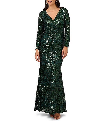 Adrianna Papell Stretch Sequin Lace V-Neck Long Sleeve Mermaid Dress