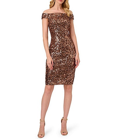 Adrianna Papell Stretch Sequin Off-the-Shoulder Cap Sleeve Sheath Dress