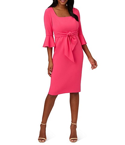 Adrianna Papell Stretch Square Neck 3/4 Bell Sleeve Tie Front Midi Dress