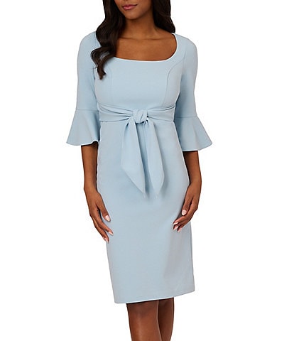 Adrianna Papell Stretch Square Neck 3/4 Bell Sleeve Tie Front Dress