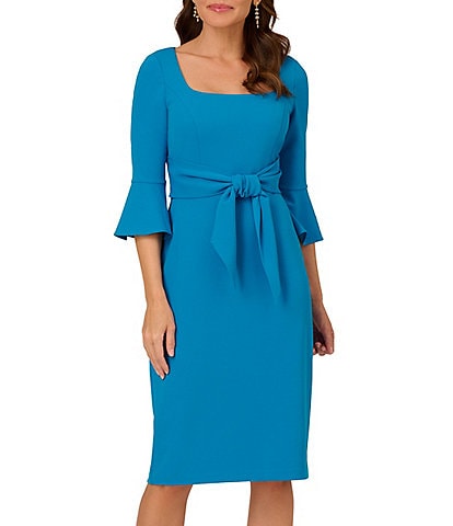Adrianna Papell Stretch Square Neck 3/4 Bell Sleeve Tie Front Dress