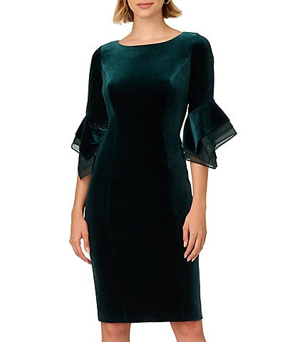 Adrianna Papell Stretch Velvet Boat Neck 3/4 Tiered Bell Sleeve Sheath Dress